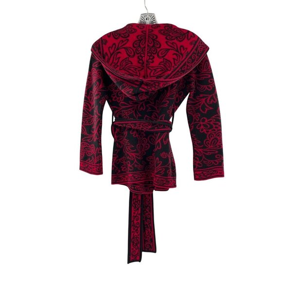 Neve Womens Hooded Knit Sweater Jacket With Belt - Size Small Red & Black Floral - Picture 3 of 11